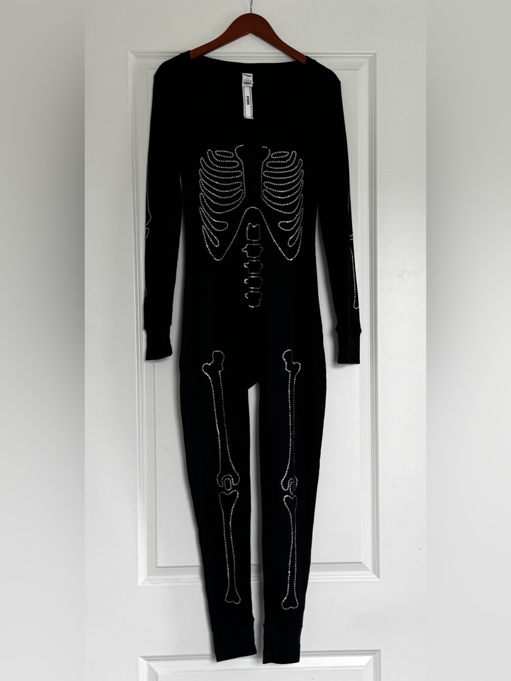 NWT V.S. PINK Skeletal Bling One Piece Black Halloween Thermal Pajamas